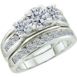 2.50 Carat (ctw) 14k White Gold Brilliant Round White Diamond Ladies 3 Stone Bridal Engagement Ring Set