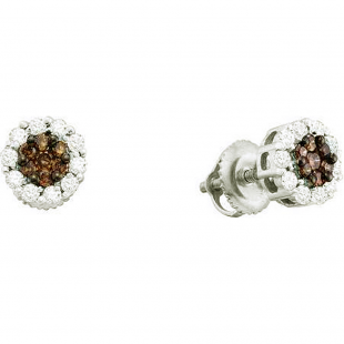 1.00 Carat (ctw) 14k White Gold Round Champagne & White Diamond Ladies Cluster Flower Earrings