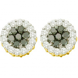 1.48 Carat (ctw) 14k Yellow Gold Round Black & White Diamond Ladies Cluster Flower Earrings