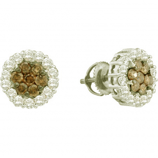 1.53 Carat (ctw) 14k White Gold Round White & Brown Diamond Ladies Cluster Flower Earrings