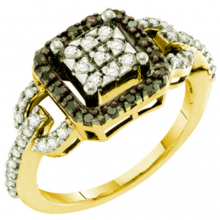 0.48 CT 14k Yellow Gold Round Black & White Diamond Ladies  Cocktail Ring