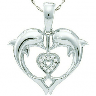 0.03 Carat (ctw) 10k White Gold Brilliant White Diamond Ladies Heart Shape Double Dolphin Pendant