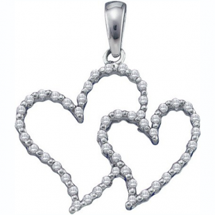 0.17 Carat (ctw) 10K White Gold Round White Diamond Ladies Double Heart Pendant