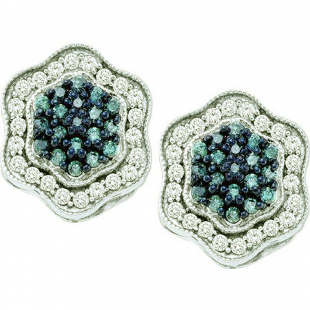 0.75 CT 10k White Gold Blue & White Diamond Cluster Flower Earrings