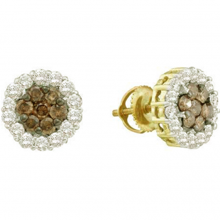 0.76 Carat (ctw) 14k Yellow Gold Round Brown & White Diamond Ladies Flower Cluster Earrings