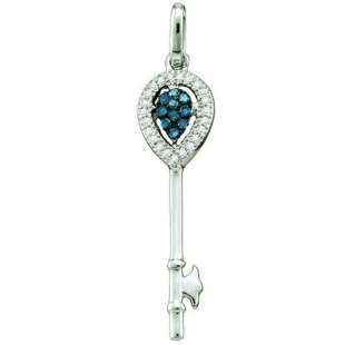 0.10 Carat (ctw) 10k White Gold Blue & White Diamond Ladies Key Pendant