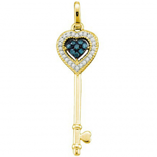 0.10 Carat (ctw) 10k Yellow Gold Blue & White Diamond Ladies Heart Key Pendant