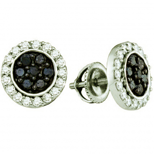 1.00 Carat (ctw) 10k White Gold Round Black & White Diamond Ladies Micro Pave Cluster Earrings