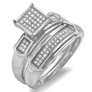 0.19 Carat (ctw) Sterling Silver Round White Diamond Womens Micro Pave Engagement Ring Bridal Set
