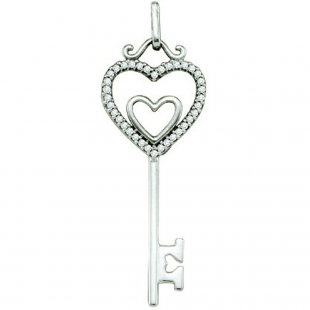 0.10 Carat (ctw) 10k White Gold Round White Diamond Ladies Double Heart Key Pendant