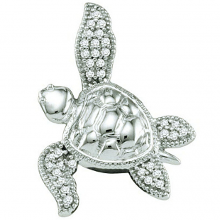 0.10 Carat (ctw) 10k White Gold White Diamond Ladies Sea Turtle Pendant