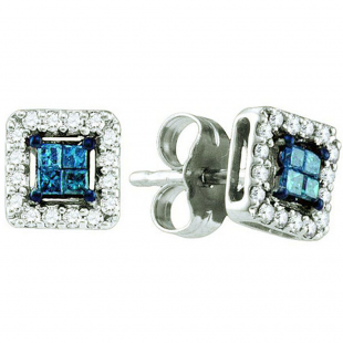 0.26 Carat (ctw) 10k White Gold Blue & White Diamond Ladies Invisible Set Stud Earrings
