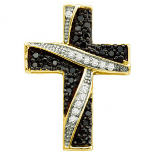 0.24 Carat (ctw) 14k Yellow Gold Black & White Diamond Ladies Cross Pendant