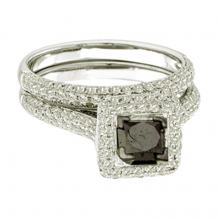 1.25 Carat (ctw) 14k White Gold Princess & Round Cut Black & White Diamond Ladies Halo Bridal Engagement Ring Set With Matching Band