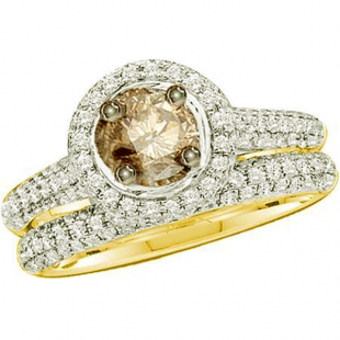 1.23 Carat (ctw) 14k Yellow Gold Round Champagne & White Diamond Ladies Halo Style Bridal Engagement Ring Set