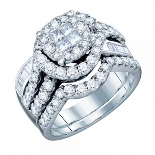 1.76 Carat (ctw) 14K White Gold Princess Baguette & Round Diamond Ladies Bridal Engagement Ring Set 1 3/4 CT