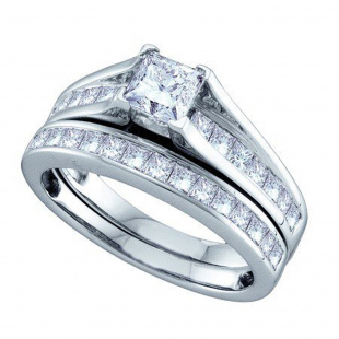 1.51 Carat (ctw) 14k White Gold Princess Cut White Diamond Ladies Bridal Engagement Ring Set