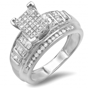 0.66 Carat (ctw) Sterling Silver Round & Baguettes Cut Diamond Ladies Bridal Engagement Ring