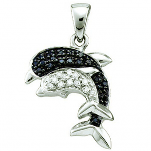 0.11 Carat (ctw) Sterling Silver White & Black Diamond Ladies Double Dolphin Pendant