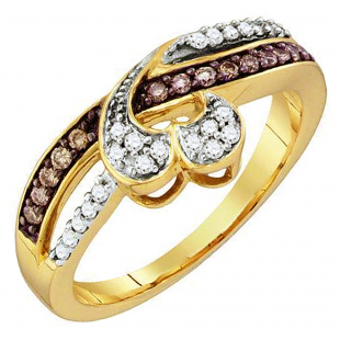0.26 Carat(ctw) 10k Yellow Gold Round Brown & White Diamond Ladies Crossover Heart Bridal Promise Ring