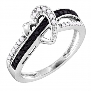 0.25 Carat (ctw) 10k White Gold Round Black & White Diamond Ladies Crossover Heart Bridal Promise Ring