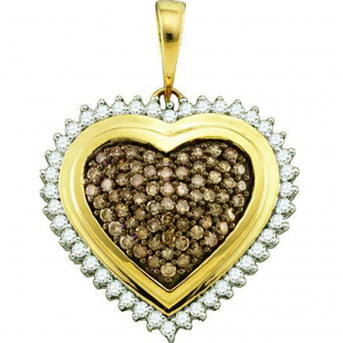 1.02 Carat (ctw) 10k Yellow Gold Round Champagne & White Diamond Ladies Heart Pendant