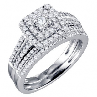 0.77 Carat (ctw) 14K White Gold Round White Diamond Ladies Bridal Engagement Ring Matching Band Set 3/4 CT