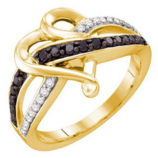 0.36 Carat (ctw) 10k Yellow Gold Round Black & White Diamond Ladies Crossover Heart Bridal Promise Ring