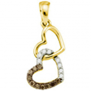 0.16 Carat (ctw) 10k Yellow Gold Brown & White Diamond Ladies Double Heart Pendant