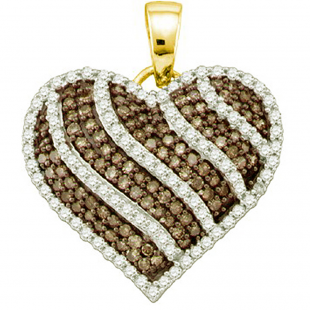 1.05 Carat (ctw) 10k Yellow Gold Round Champagne & White Diamond Ladies Heart Pendant