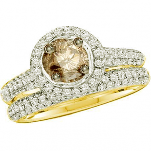 1.23 Carat (ctw) 14k Yellow Gold Round Champagne & White Diamond Ladies Bridal Engagement Ring Set (Size-8)