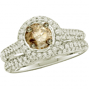 1.23 Carat (ctw) 14K White Gold Round Champagne & White Diamond Ladies Halo Style Bridal Engagement Ring Set (Size-8)