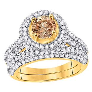 2.05 Carat (ctw) Round Champagne & White Diamond Halo Bridal Wedding Ring Set 2 CT 14K Yellow Gold