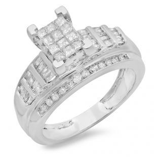 0.90 Carat (ctw) 10K White Gold Princess Round & Baguettes Cut Diamond Ladies Bridal Engagement Ring