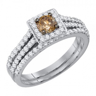1.01 Carat (ctw) 14K White Gold Round Cognac & White Diamond Ladies Bridal Split Shank Halo Style Engagement Ring With Matching Band Set 1 CT