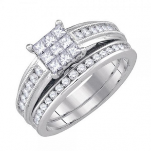 1.00 Carat (ctw) 14K White Gold Princess & Round Cut Diamond Ladies Bridal Invisible Engagement Ring With Matching Band Set 1 CT