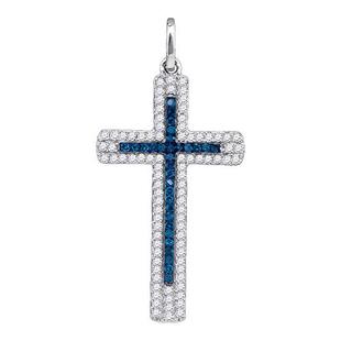 10k White Gold Womens Round Blue Color Enhanced Diamond Cross Pendant 1/4 Cttw