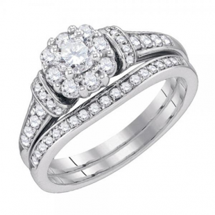 0.90 Carat (ctw) 14K White Gold Round Diamond Ladies Bridal Cluster Engagement Ring With Matching Band Set