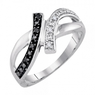 0.05 Carat (ctw) Sterling Silver Round Black And White Diamond Ladies Bypass Style Promise Engagement Ring