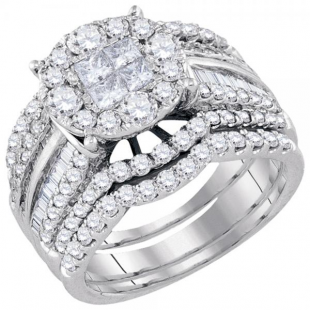 2.68 Carat (ctw) 14k White Gold Round Princess & Baguette White Diamond Ladies Bridal Soliel Style Engagement Ring Matching Band Set