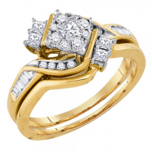 0.51 Carat (ctw) 14K Yellow Gold Round Princess & Baguette Cut White Diamond Ladies Bridal Fashion Engagement Ring Matching Band Set 1/2 CT