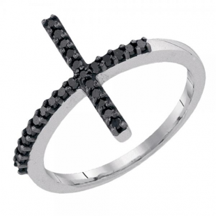 0.20 Carat (ctw) Sterling Silver Round Black Diamond Ladies Cross Promise Fashion Ring 1/5 CT