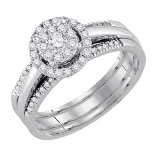 0.50 Carat (ctw) 14k White Gold Round White Diamond Halo Style Ladies Fashion Wedding Ring Set 1/2 CT
