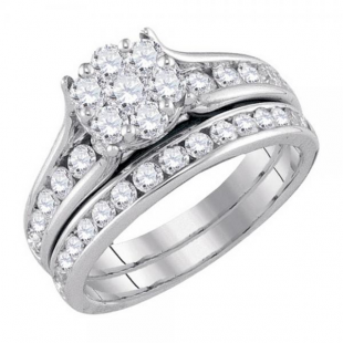 1.50 Carat (ctw) 14K White Gold Round White Diamond Ladies Cluster Flower Bridal Engagement Ring With Matching Band Set 1 1/2 CT