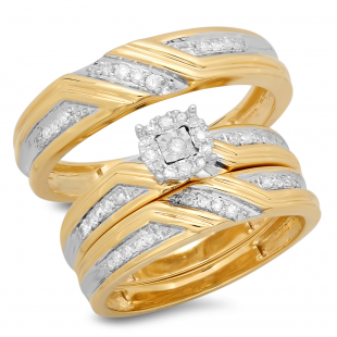 0.31 Carat (ctw) 10K Yellow Gold Round White Diamond Men's & Women's Engagement Ring Trio Bridal Set 1/3 CT