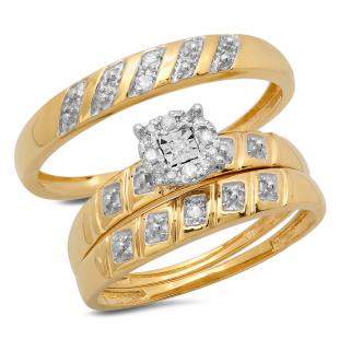 0.10 Carat (ctw) 10K Yellow Gold Round White Diamond Men's & Women's Engagement Ring Trio Bridal Set 1/10 CT