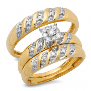 0.32 Carat (ctw) 10K Yellow Gold Round White Diamond Men's & Women's Engagement Ring Trio Bridal Set 1/3 CT