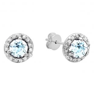 0.50 Carat (ctw) 14K White Gold Round Aquamarine & White Diamond Ladies Halo Style Stud Earrings 1/2 CT