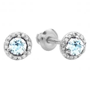 0.50 Carat (ctw) 14K White Gold Round Aquamarine & White Diamond Ladies Halo Style Stud Earrings 1/2 CT