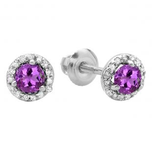 0.50 Carat (ctw) 18K White Gold Round Purple Amethyst & White Diamond Ladies Halo Style Stud Earrings 1/2 CT